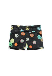 Svart simshorts med en mängd färgglada cirkulära mönster, inklusive smileys och ikoner. Elastisk midja för komfort.
