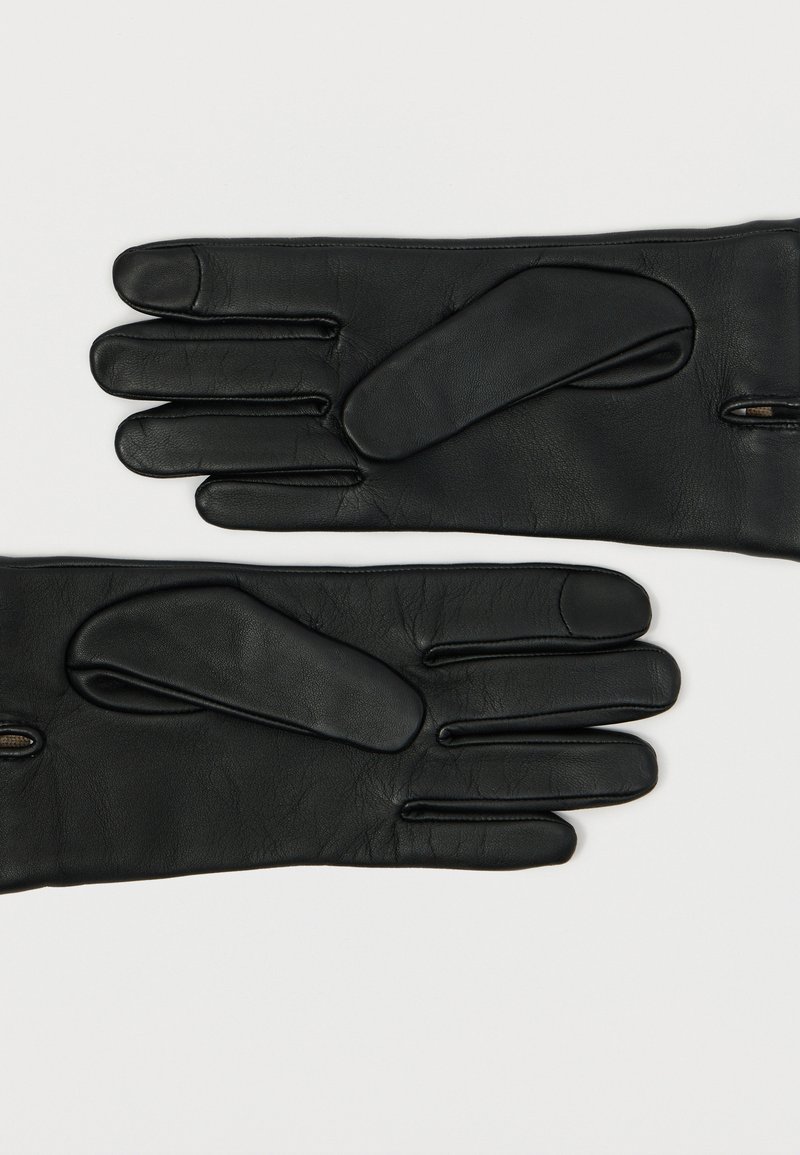 Sorte læderhandsker med fem fingre, der har en glat tekstur og en lille lynlås ved håndleddet for nem påtagning.