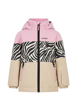 Bunte Jacke mit einem hellrosa oberen Teil, einem schwarz-weißen Zebra-Streifen in der Mittelpartie und einem beigen unteren Abschnitt. Mit Reißverschluss vorne und Taschen.