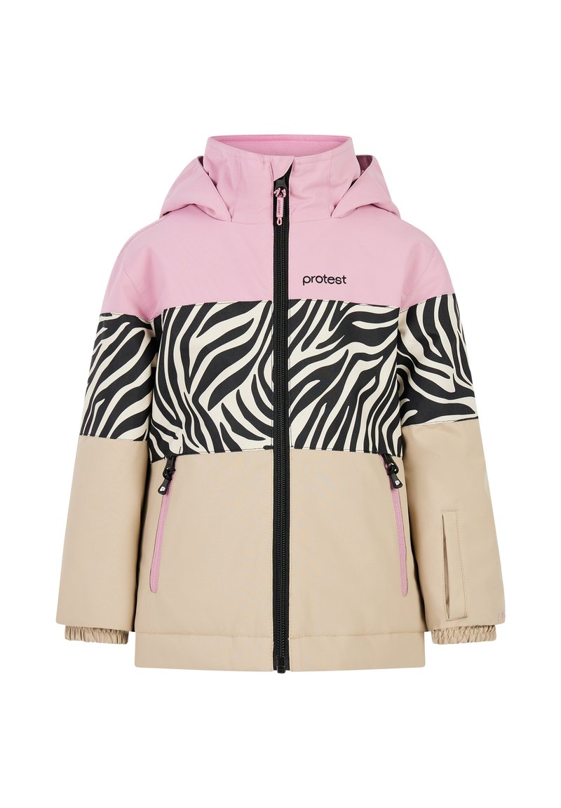 Giacca colorata con una parte superiore rosa chiaro, una sezione centrale a strisce zebra bianche e nere e una parte inferiore beige. Chiusura con cerniera e tasche.