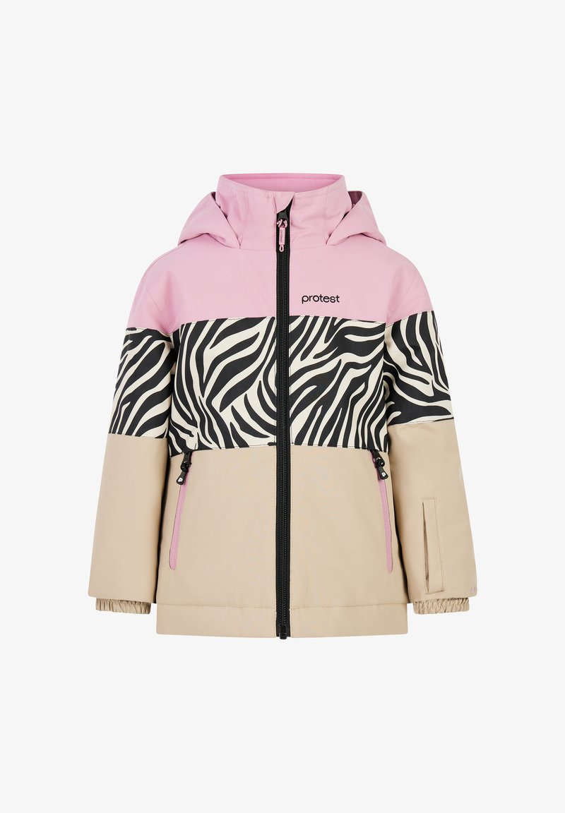 Bunte Jacke mit einem hellrosa oberen Teil, einem schwarz-weißen Zebra-Streifen in der Mittelpartie und einem beigen unteren Abschnitt. Mit Reißverschluss vorne und Taschen.