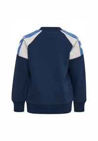 Marinblå sweatshirt med raglanärmar i ljusblått och grått. Har rund halsringning, ribbade muddar och nederkant. Mjuk bomullsblandning.