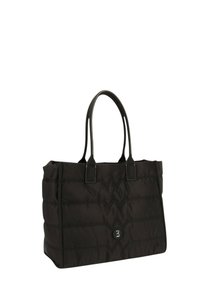 Borsa a spalla nera trapuntata con due manici robusti, forma rettangolare e dettaglio del logo frontale, caratterizzata da una texture in nylon liscia.