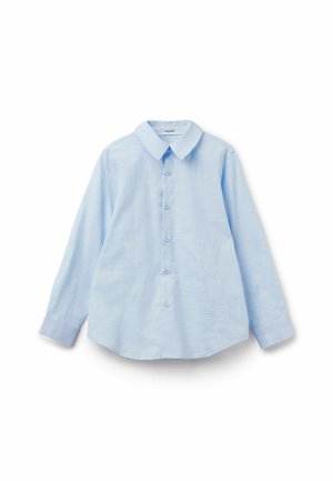 Lichtblauw overhemd met lange mouwen, een puntige kraag, vijf knopen aan de voorkant en een licht afgeronde zoom.