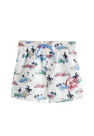 White shorts with blue drawstring, decorated with colorful vintage cars, palm trees, checkered flags, and "Café Motel" text in red.