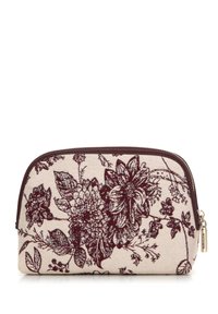 Pochette cosmetica con motivo floreale in beige con accenti bordeaux, dotata di chiusura con zip e tessuto texture per un design resistente.