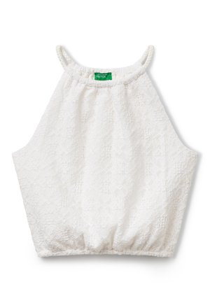Top corto da donna in pizzo bianco senza maniche con spalline sottili ed orlo elastico, con una piccola etichetta verde del marchio sullo scollo.