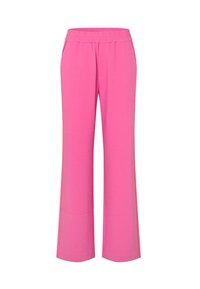 Roze wijde broek met een elastische tailleband, gemaakt van een gladde stof, met een losse fit en zonder zichtbare patronen of hardware.
