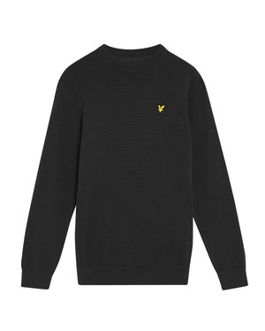 Zwart sweater met een ronde hals, lange mouwen en een textuur gebreid. Heeft een klein geel logo op de borst.