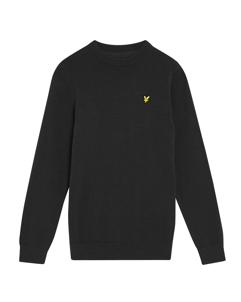 Crni pulover s okruglim izrezom, dugim rukavima i teksturiranim pletenjem. Sadrži mali žuti logo na prsima.