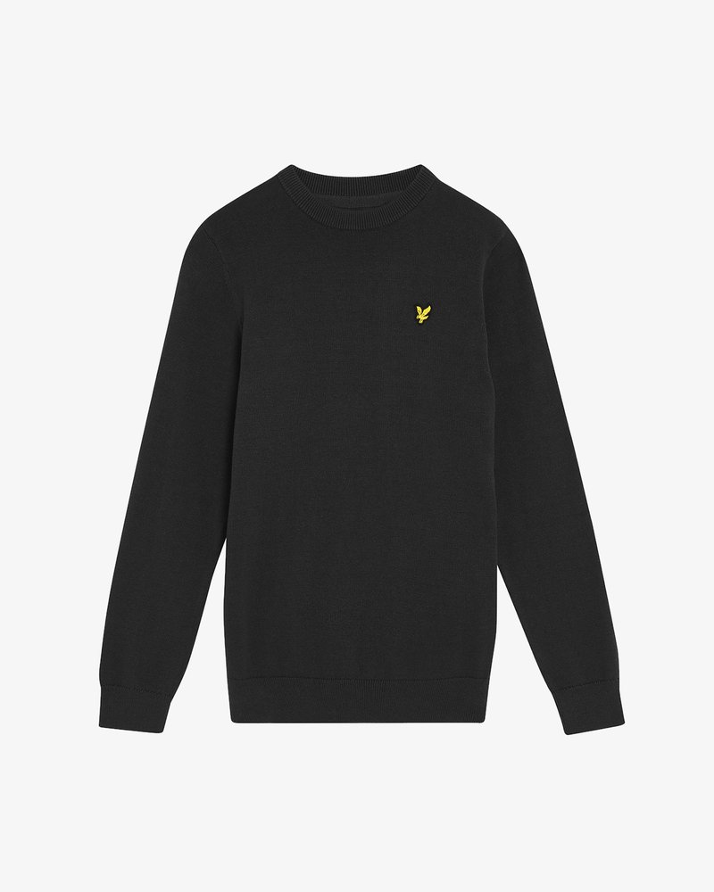 Sweater preto com decote redondo, mangas longas e malha texturizada. Apresenta um pequeno logótipo amarelo no peito.