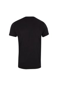 Schwarzes T-Shirt mit kurzen Ärmeln und rundem Ausschnitt. Hergestellt aus glattem Stoff in einfarbig und ohne Muster oder Verzierungen.