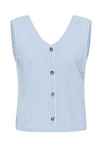 Haut sans manches rayé bleu et blanc avec un décolleté en V et cinq boutons gris sur le devant, fabriqué en tissu léger.