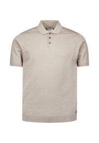 Beige polo-shirt met korte mouwen in een zachte tricot stof, voorzien van een klassieke kraag, een drieknoopsluiting en geribbelde zoomaccenten.