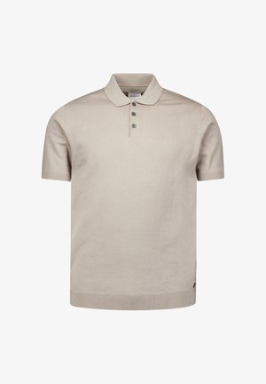 Beige polo-shirt met korte mouwen in een zachte tricot stof, voorzien van een klassieke kraag, een drieknoopsluiting en geribbelde zoomaccenten.