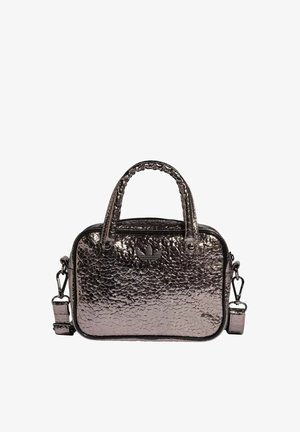 Kleine metalen gestructureerde handtas met dubbele handvatten, afneembare schouderriem en Adidas trefoil-logo aan de voorkant.