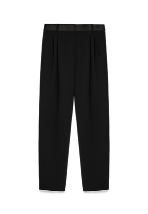 Black trousers featuring a satin waistband, pleated front, and a wide-leg silhouette for a structured fit. Smooth fabric with minimal detailing.
