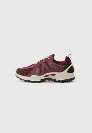 Chaussure de trail running bordeaux et grise avec semelle blanche, semelles noires et tirette au talon, présentée en profil sur fond uni.