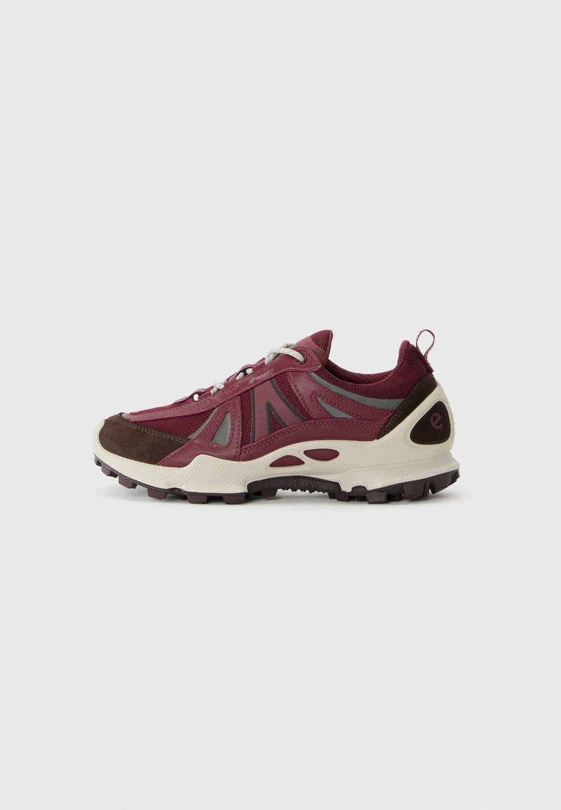 Chaussure de trail running bordeaux et grise avec semelle blanche, semelles noires et tirette au talon, présentée en profil sur fond uni.