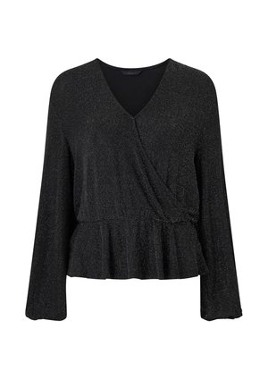 Zwarte lange mouwen top met een V-hals en wikkelontwerp, met een peplumzoom en subtiele glinsterende textuur.