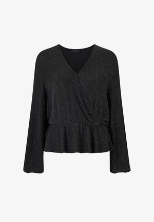 Zwarte lange mouwen top met een V-hals en wikkelontwerp, met een peplumzoom en subtiele glinsterende textuur.