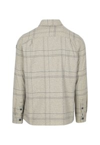 Beige shirt met een gestructureerde stof met een subtiel ruitpatroon in marineblauw en grijs, knoopsleeven en een klassiek kraagontwerp.