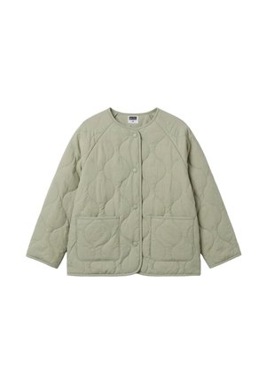 Veste matelassée vert clair à manches longues, col rond, boutons-pression à l'avant et deux poches plaquées devant.