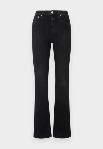 Crne raširene traperice od denima, s visokim strukom, pet džepova, zlatnim detaljima i glatkom teksturom.