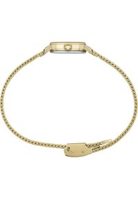 Guldtonet armbåndsur med et rektangulært urkasse, en struktureret bezel og et kædearmbånd med en låsemekanisme.