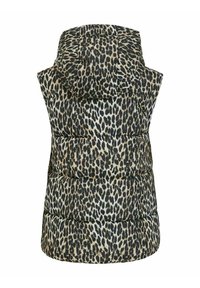 Padded vest with a black and beige leopard print, featuring a hood and a quilted design. Back view shows thick, horizontal sections.