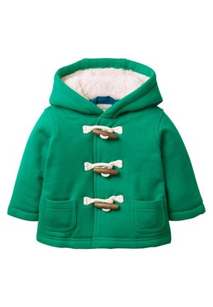 Veste verte pour tout-petit avec capuche doublée en polaire blanche, avec trois fermetures à bascule en corde blanche et boutons en bois, et deux poches avant.
