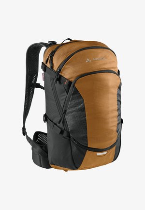 Backpack featuring a brown and black design, made from textured fabric. Double zipper compartments, adjustable straps, and mesh accents.