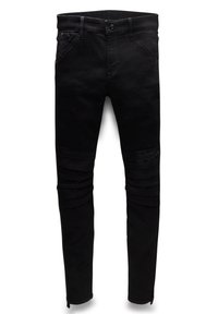 Vaqueros skinny negros de denim, con detalles con cremalleras y relieves en las rodillas. Textura ligeramente desgastada, diseño estándar de cinco bolsillos.