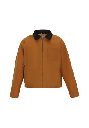 Pruun jakk musta kraega, lukuga esiosa ja küljetaskudega. Omab kastjat disaini ja ühte nagipõuet rinnanaha peal.