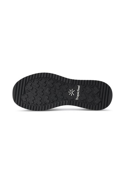 Semelle de chaussure en caoutchouc noir avec un motif de semelle triangulaire et des bords surélevés, marquée "Tropicfeel" près de l'arche.