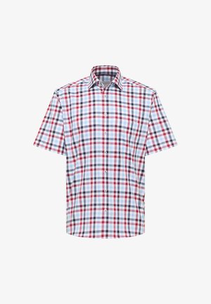 Kortærmet skjorte med knapper i et ternet mønster i rødt, blåt, sort og hvidt samt spidst krave.