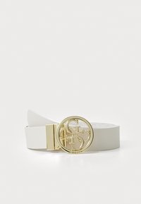Ceinture en cuir blanc avec une boucle ronde en métal doré présentant des lettres entrelacées et une texture lisse.