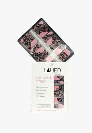 Fascette per unghie in un pacchetto rettangolare con design in pizzo rosa e nero. Include istruzioni per un'applicazione e rimozione facili.