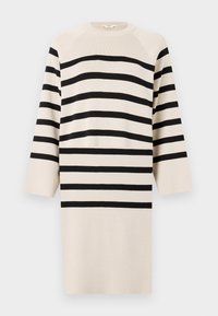 Abito maglione a righe in crema e nero. Presenta larghe righe orizzontali, un colletto rotondo e maniche lunghe con una vestibilità rilassata.