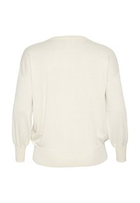 Pull en tricot crème clair, à coupe décontractée, avec des manches ballon et un col rond. Texture douce et détail de bord côtelé.
