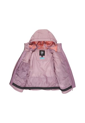 Hellrosa Puffjacke mit Kapuze, mit orangefarbenem Futter, inneren Taschen und einem schwarzen Roxy-Label auf der linken Seite.