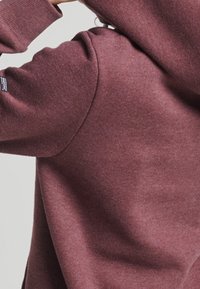 Bordeaux hoodie gemaakt van zachte, gestructureerde stof. Beschikt over een aansluitende capuchon en geribde manchetten. Logo-label zichtbaar op de linker mouw.