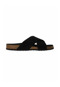 Zwarte suede instapsandaal met een kruisbandontwerp, een gestructureerde kurken voetbed en een gegolfde rubberen zool voor grip.