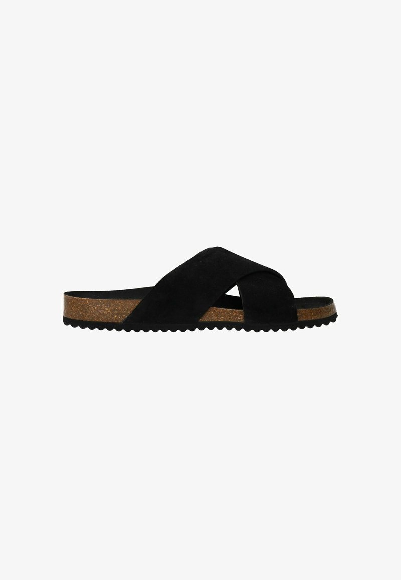 Zwarte suede instapsandaal met een kruisbandontwerp, een gestructureerde kurken voetbed en een gegolfde rubberen zool voor grip.