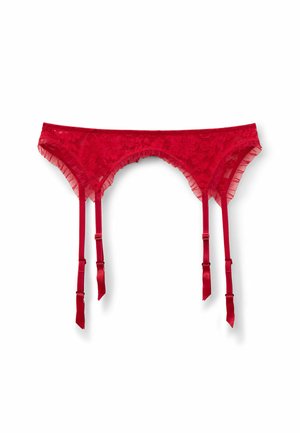 Roter Spitzenstrumpfhalter mit floralen Mustern, Rüschensäumen und vier verstellbaren Riemen mit satinierter Oberfläche.