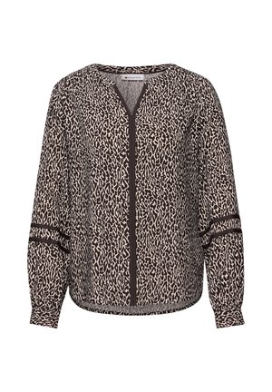 Pitkähihainen leopardikuvioinen pusero, jossa musta reunus kaula-aukossa, edessä ja hihoissa, pyöristetty helma ja napilliset mansetit.