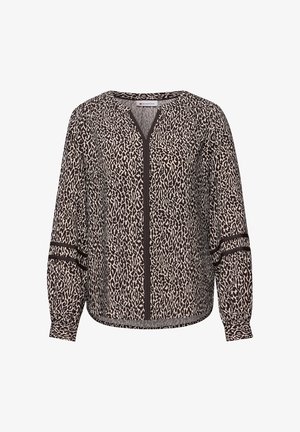 Blouse met lange mouwen in luipaardprint met zwarte biezen langs de halslijn, voorkant en mouwen, voorzien van een afgeronde zoom en met knopen sluitbare manchetten.