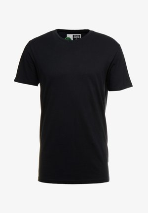 Fekete pamut póló kerek nyakkivágással és rövid ujjakkal; sima textúra; a belső nyakon a márka címkéje található.