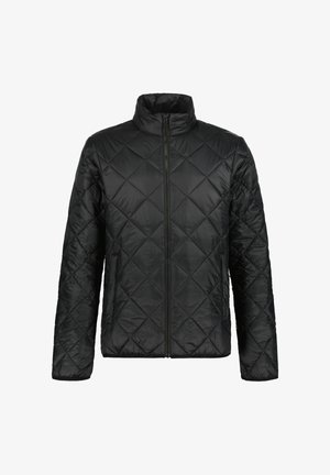 Musta toppatakki, jossa on korkea kaulus, timantinmuotoinen tikkauskuvio, etuvetoketju ja sivutaskut, valmistettu kevyestä materiaalista.