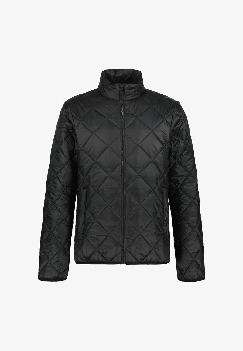 Schwarze gesteppte Jacke mit hohem Kragen, diamantförmigem Steppmuster, Reißverschluss vorne und seitlichen Taschen, gefertigt aus leichtem Material.